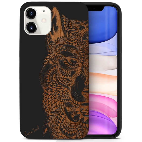 Case Yard Wooden Case for iPhone-12-Mini Soft TPU Silicone cover Slim Fit Shockproof Wood Protective Phone Cover for Girls Boys Men and Women Supports Wireless Charging Wolf Face Half Design