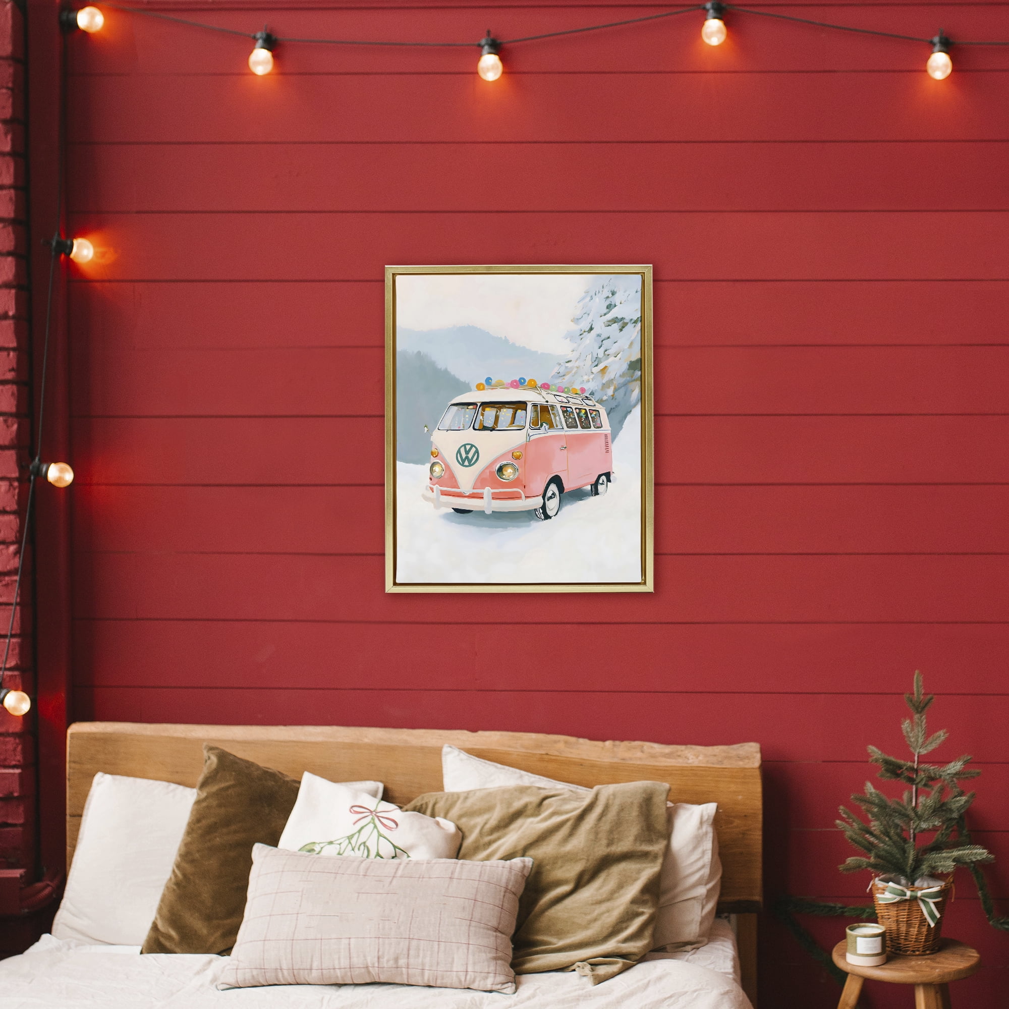 Stupell Industries Pink Christmas Van in Snow Gold Framed Floater Canvas Wall Art, design by The Prints Vibe
