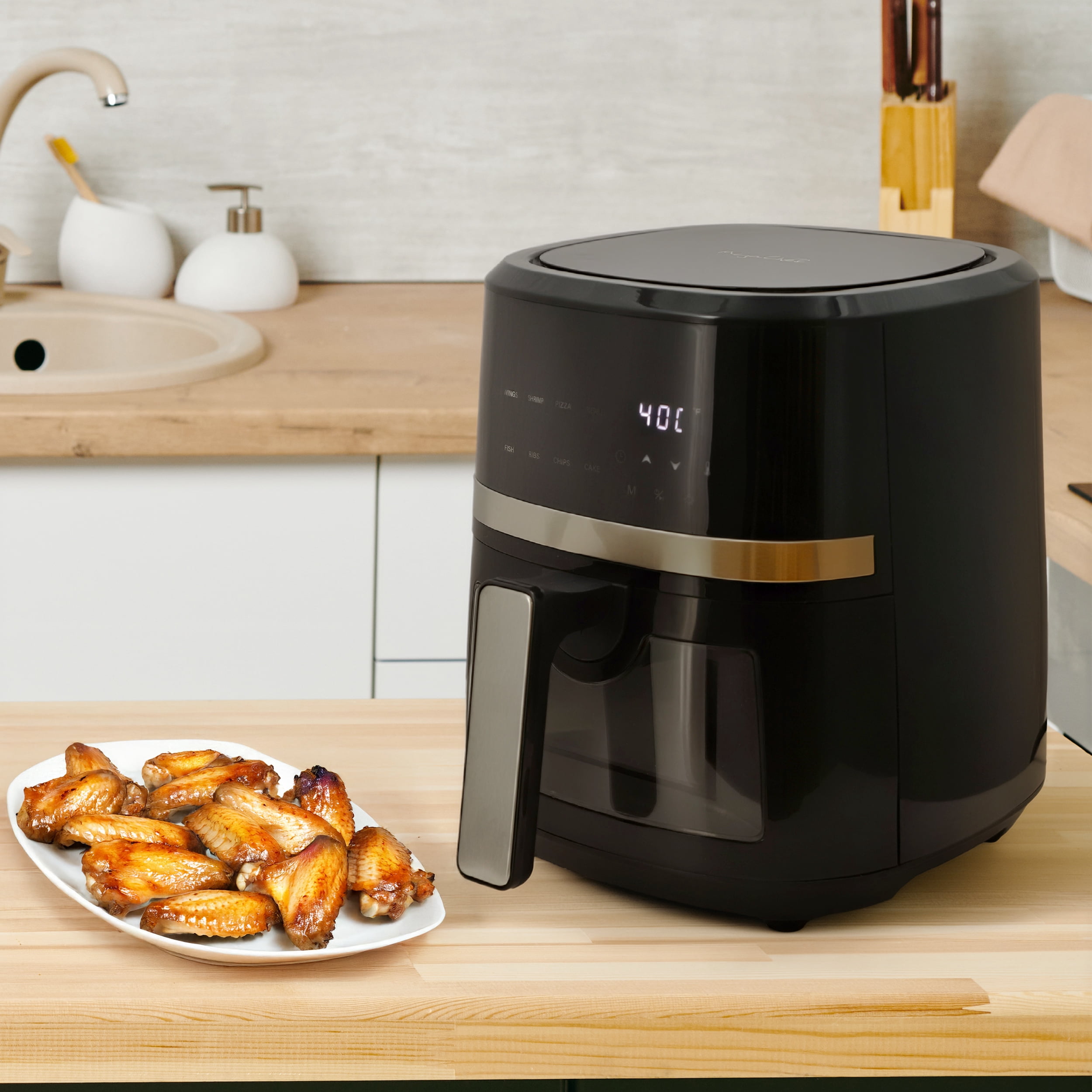 MegaChef 4 Quart Digital LED Display Electric Air Fryer with Transparent Window in Black with 125 Piece Paper Liners