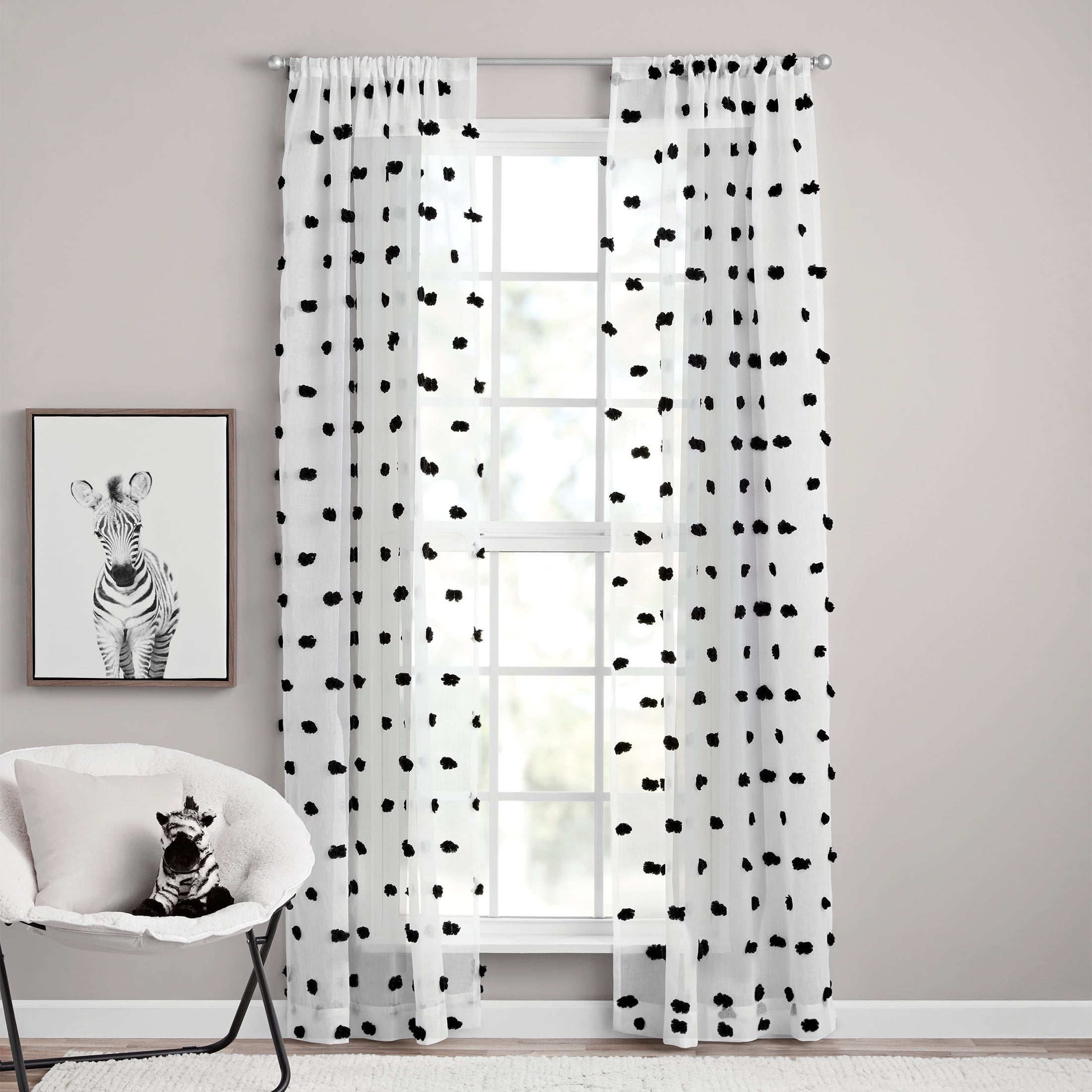 (2 pack) Your Zone Clipped Pom Rod Pocket Sheer Single Curtain Panel, White/Black, 38"W x 84"L