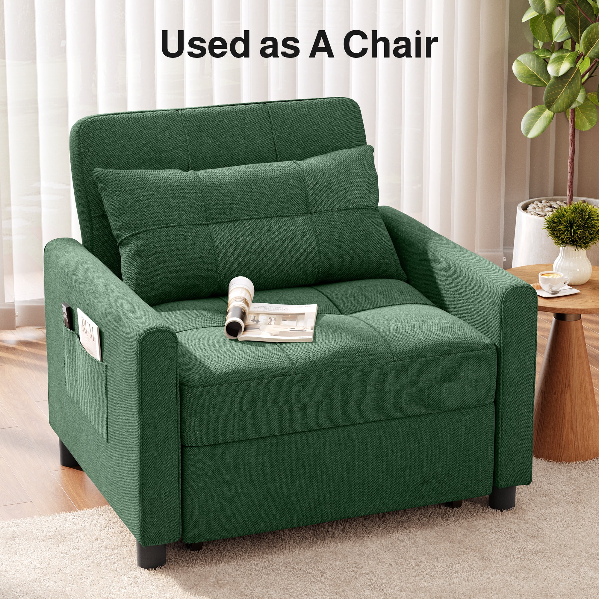 Asofer 3-in-1 Convertible Sleeper Sofa Chair, Adjustable Backrest Futon Couch, Linen Fabric Multi-Functional Recliner Chair Bed, Space Saving Furniture for Living Room Apartment Office,Green