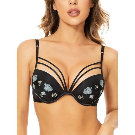 Deyllo Women s Plunge Super Padded Push Up Underwire T Shirt Bra  Black Embroidery 32C