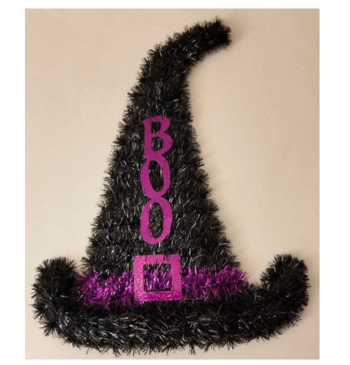 Halloween Tinsel Boo Witch Hat Hanging Sign Black & Purple 11.5"X16"