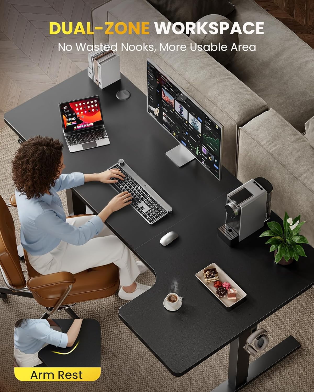 L-Shaped Standing Desk - 55 Inch Adjustable Corner Desk, Electric Sit-Stand Computer Table with Memory Controller for Home Office