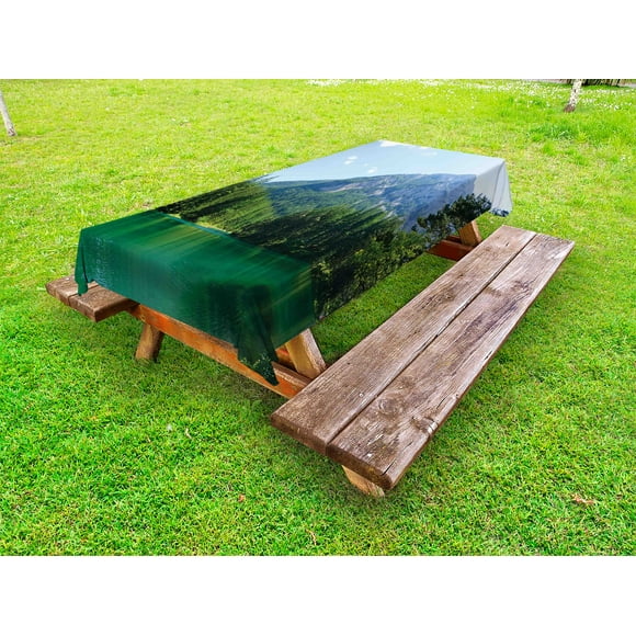 Nature Outdoor Tablecloth, Lake Surrounded by Forest at Mountain Valley Austrian Rural Scenery, Decorative Washable Fabric Picnic Tablecloth, 58 X 120 Inches, Pale Blue Hunter Green, by Ambesonne