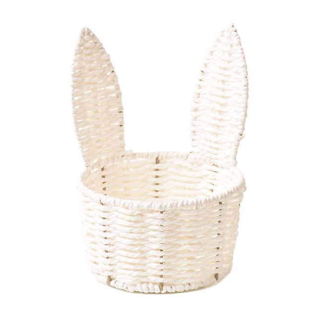 Adorable cesta tejida con orejas de conejo, organizador de dulces, decorativo y multiusos. Blanco