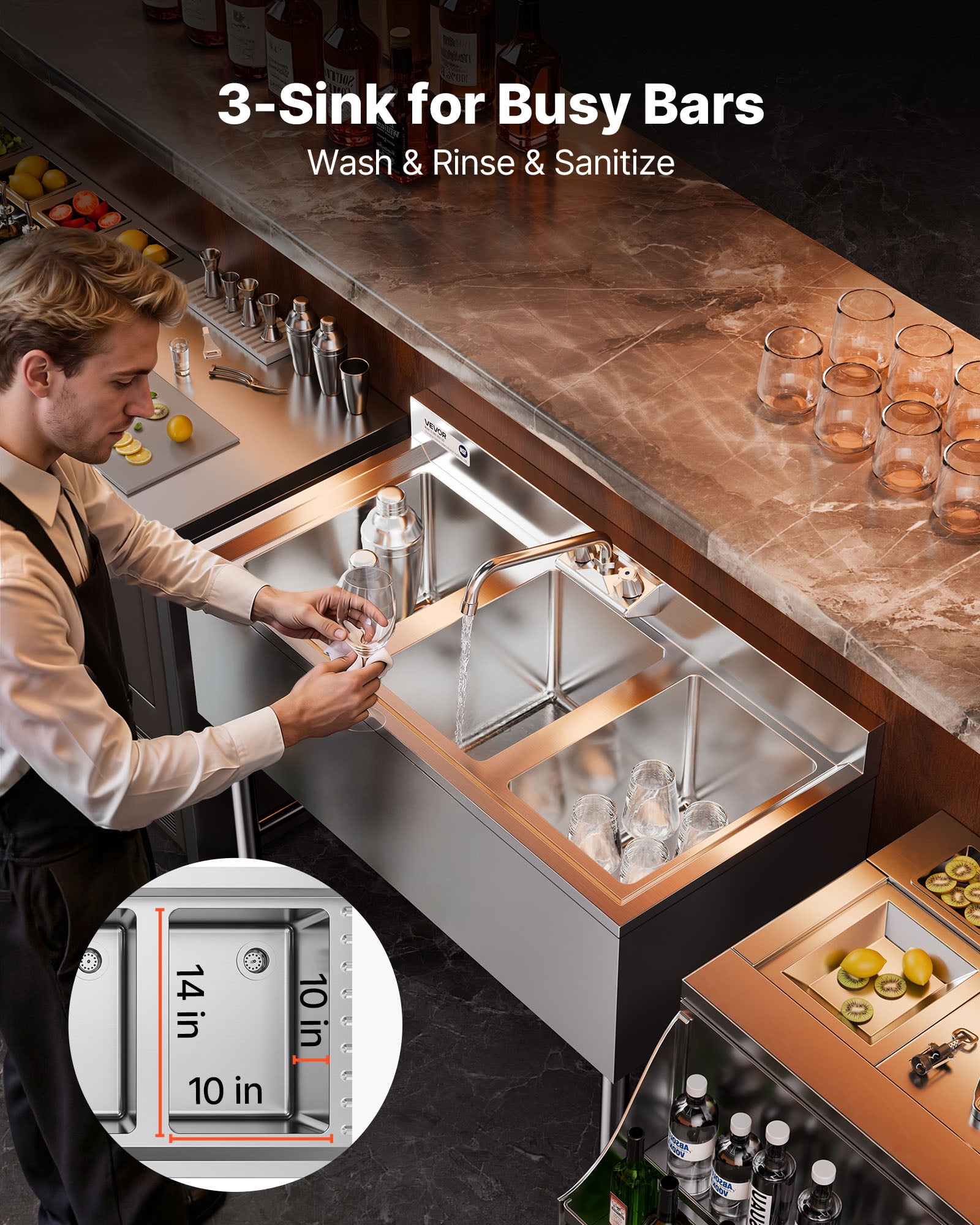 VEVOR 3 Compartment Sink, 18-Gauge 304 Stainless Steel, 10" x 14" x 10" Bowl Size, 3 Bay Commercial Under Bar Sink with Backsplash and Efficient Drainage for Kitchen,Restaurant, Food Truck & Home Use