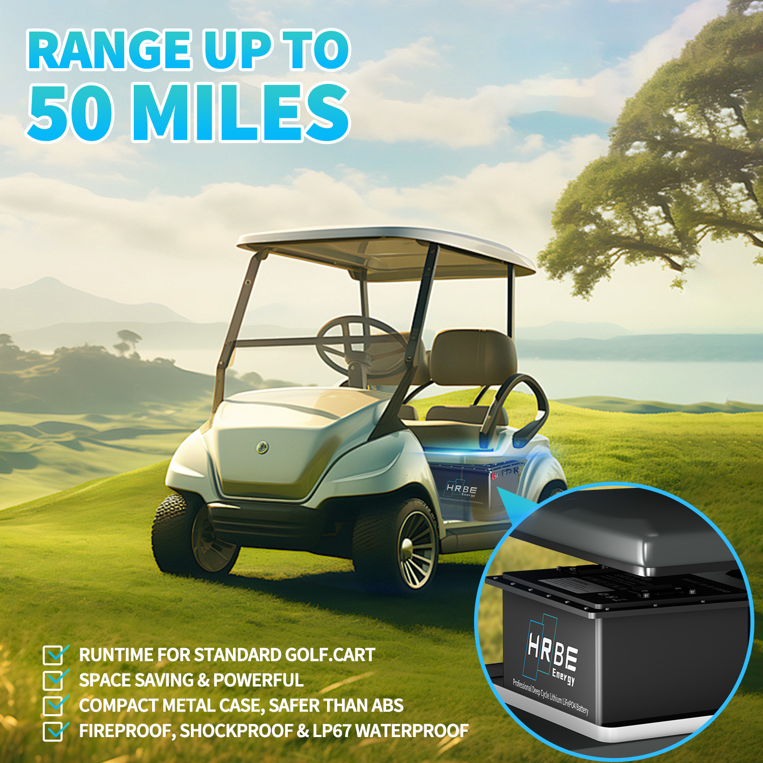 48V 100Ah Lithium Golf Cart Battery, 200A BMS with Touch Monitor, HRBEENERGY 8000+ Cycles Lifepo4 Club Car Battery