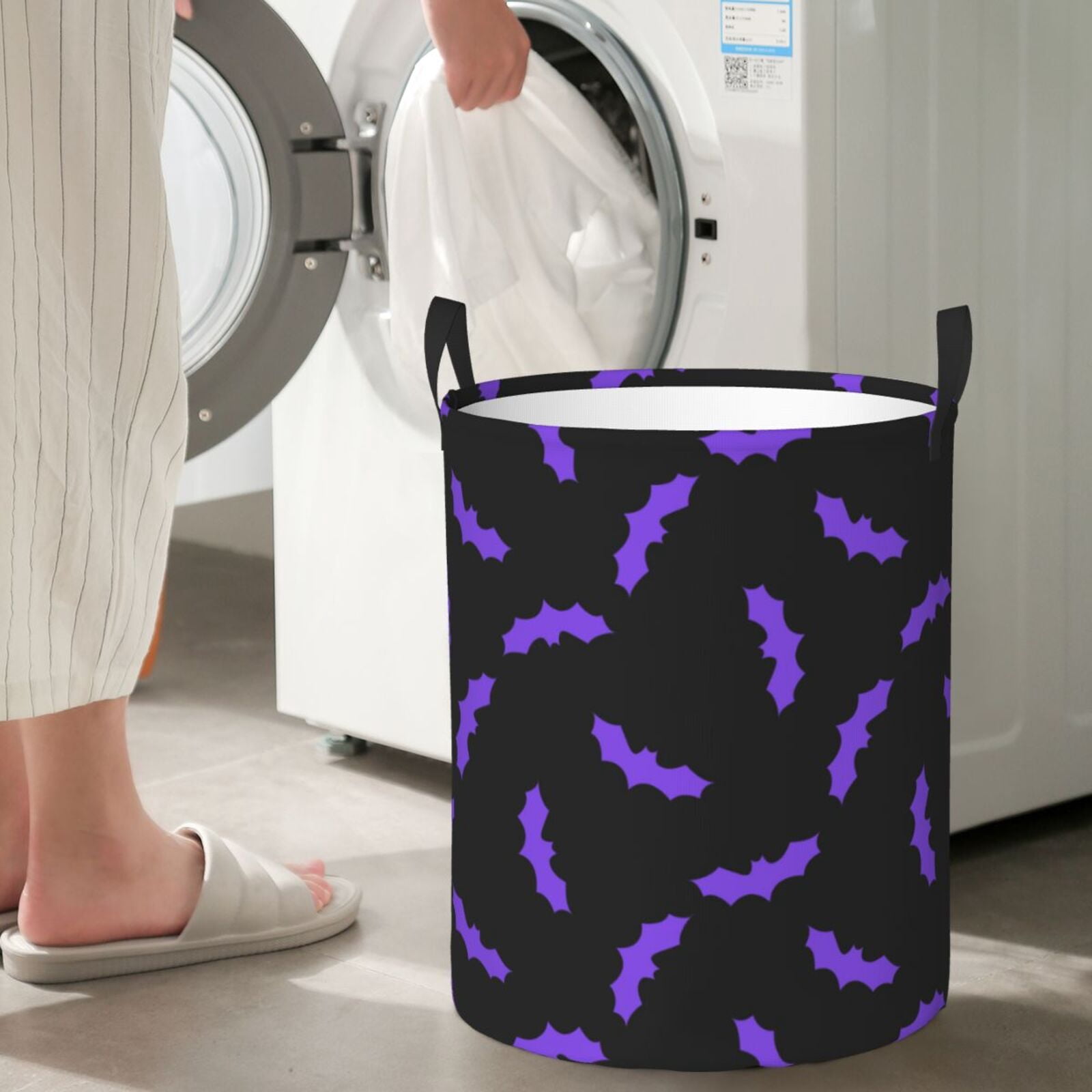 Large Laundry Basket with Handles - purple bats black cool Kids Baby Dirty Clothes Laundry Hamper for Bedroom Aesthetic