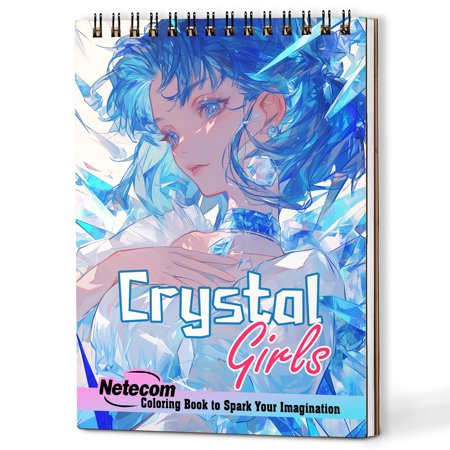 Netecom Crystal Girls Coloring Book for Adults, A5 Wooden Cover, 30 Stunning Coloring Pages of Gemstone Women for Stress Relief and Relaxation, Spiral Bound Edition