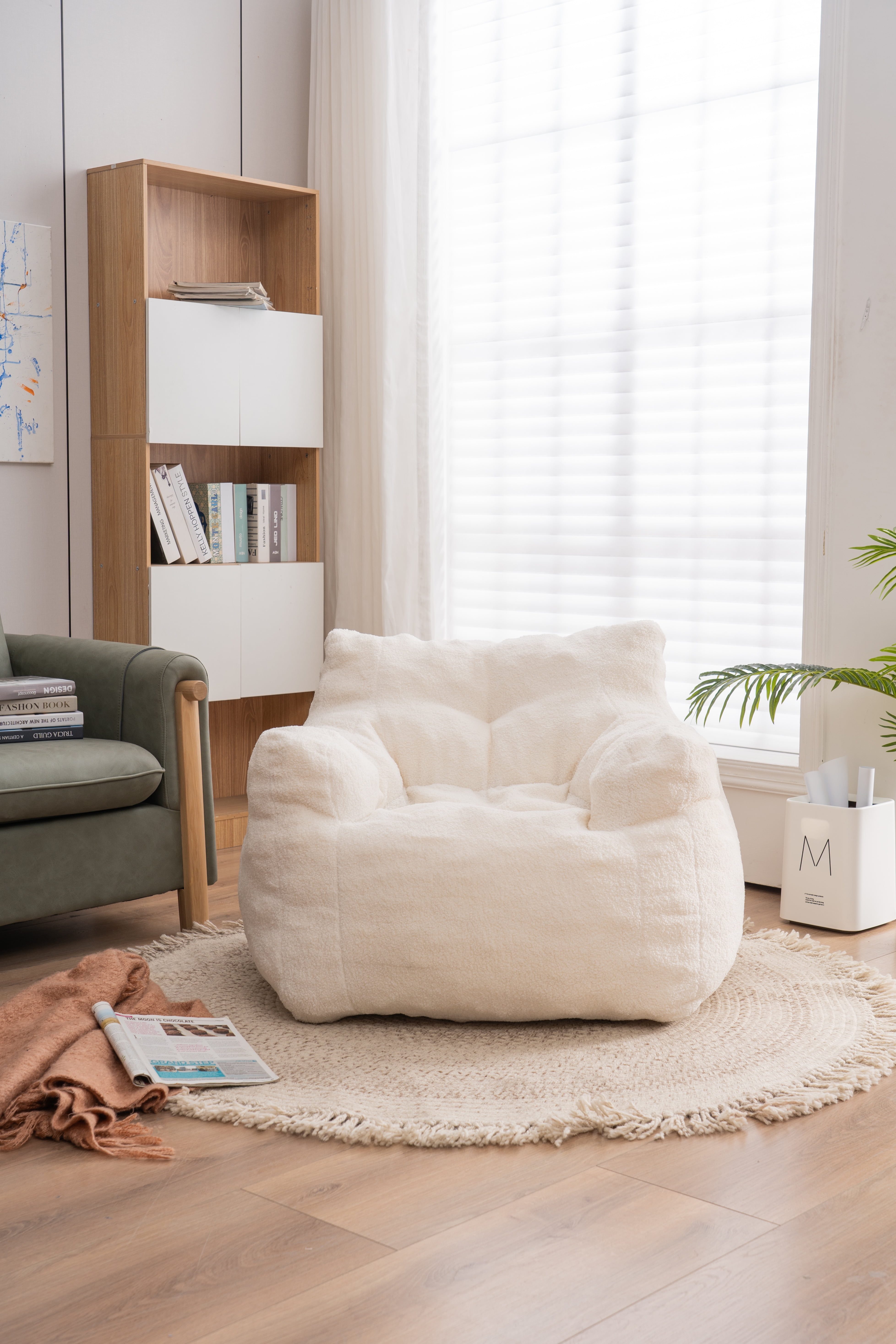 Soft Teddy Fabric Tufted Foam Bean Bag Chair, Memory Sponge Filled Lazy Sofa Chair, No Assembly Required Comfy Floor Chair for Living Room Bedroom Indoor Relaxation