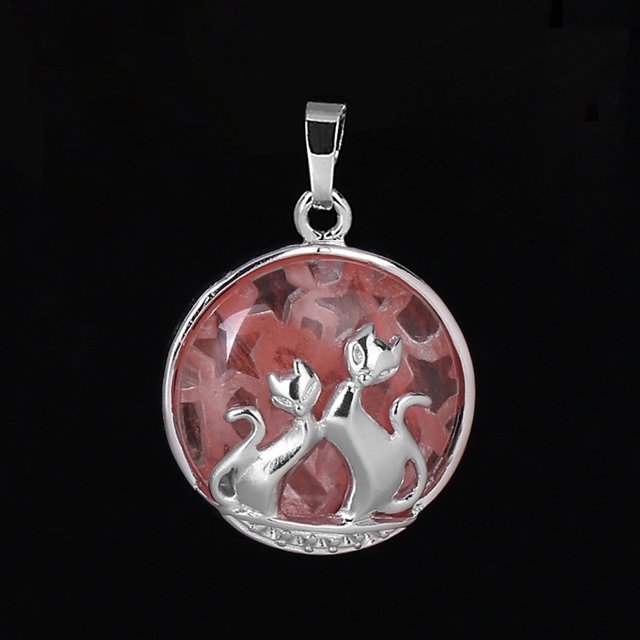 Pendentif Chat pour Collier Pierre Naturelle Perles Rondes Plates Pendentif Cœur d'Amour Femmes