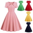 thumbnail image 2 of Quixlent Retro Women Dress Turn-down Collar Shortn Sleeves A-line Big Swing Buttons Slim Fit Solid Color 50s Ball Prom Midi Dress, 2 of 8