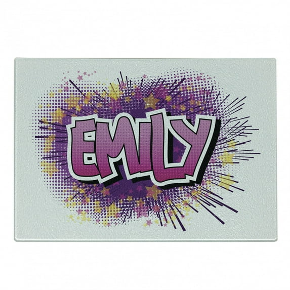 Emily Cutting Board, Hugely Popular Name in English with Pop Cartoon Elements Personal, Decorative Tempered Glass Cutting and Serving Board, Small Size, Pale Yellow Fuchsia, by Ambesonne
