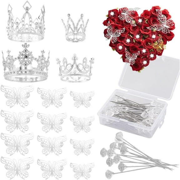 Flower Bouquet Accessories Including 4Pcs Gold Bouquet Crowns 12Pcs Butterfly Decorations and 50Pcs Diamond Pins Needles for Birthday Wedding Graduation Party Florist Supplies Cake Toppers