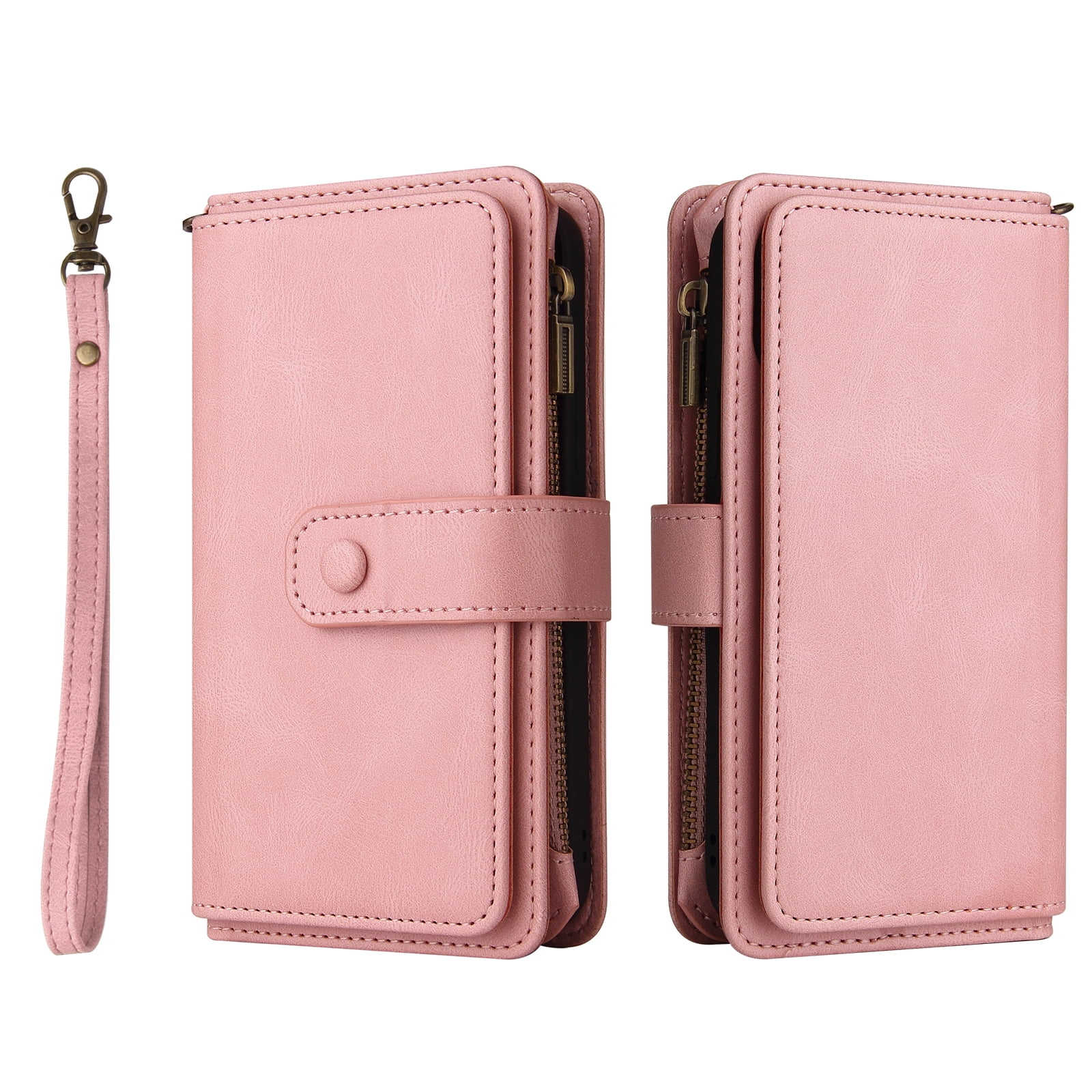 TECH CIRCLE Wallet Case For iPhone 15 Plus,PU Leather Zipper Handbag Purse Flip Cover Kickstand Folio Women Case with Card Slots Holder Wrist Strap for Apple iPhone 15 Plus 6.7" 2023,Pink