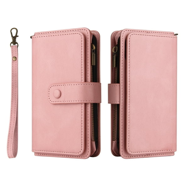 TECH CIRCLE Wallet Case For iPhone 13 Pro,PU Leather Zipper Handbag Purse Flip Cover Kickstand Folio Women Case with Card Slots Holder Wrist Strap for Apple iPhone 13 Pro 6.1" 2021,Pink