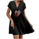 thumbnail image 2 of Puntoco Vestido De Manga Corta Con Cuello En V, Vestido De Falda Con Vuelo De Algodón Y Lino Estampado De Manga Corta Con Cuello En V De Verano Para Mujer Negro M, 2 of 5