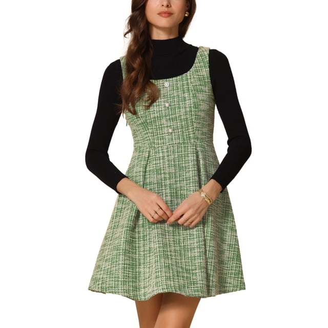 VESTIDO PINAFORE A LINEA SIN MANGAS DE TWEED A CUADROS PARA MUJERES CHIC L VERDE