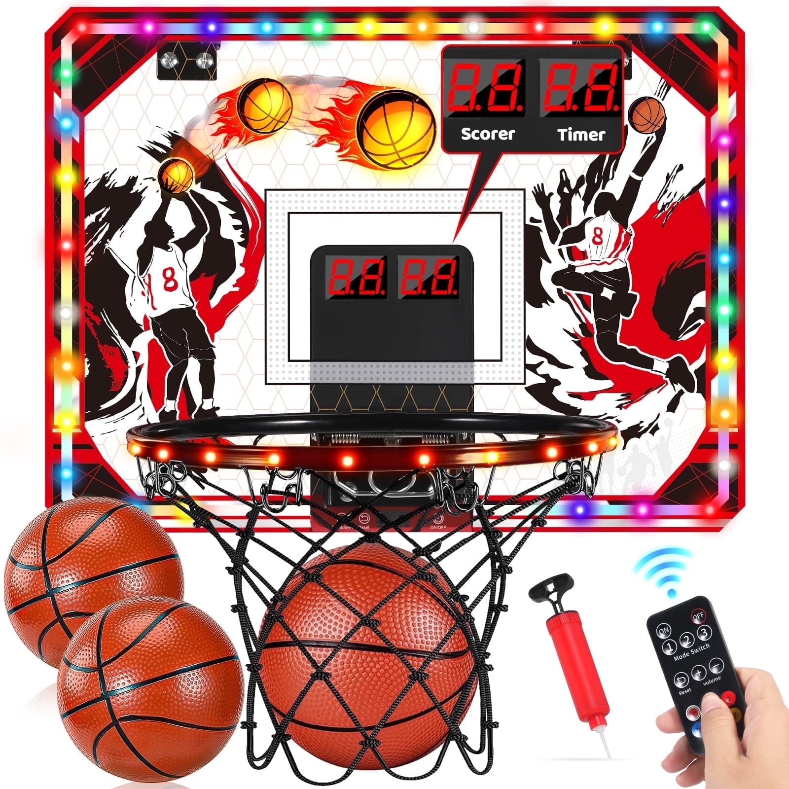 Quiet Flower Toy Basketball Hoop Over Door Indoor with LED Light, Scoreboard, 6 Modes, 3 Balls, 1-Pack