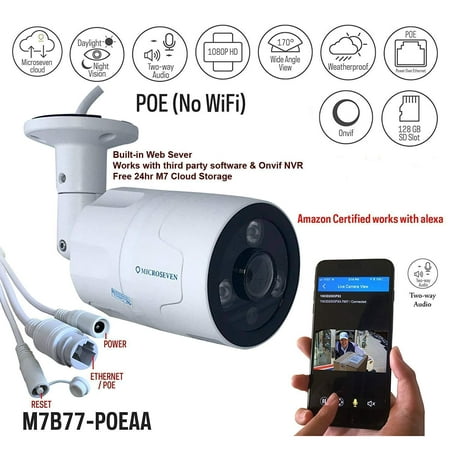 Microseven 1080P / 30fps HD POE Outdoor Camera, Two-Way Audio Wide Angle, Motion, 128GB SD Card Slot, Night Vision Bullet IP Camera, Free 24hr Cloud Storage, Waterproof Security Camera,