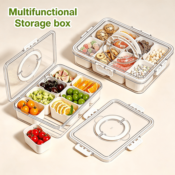 Snackle Box Container 2 Pack, Clear Divided Serving Tray with Lid & Handle, Portable Candy & Fruits & Veggie Tray for Travel, Party, Picnic, Beach, Large Snack Organizer