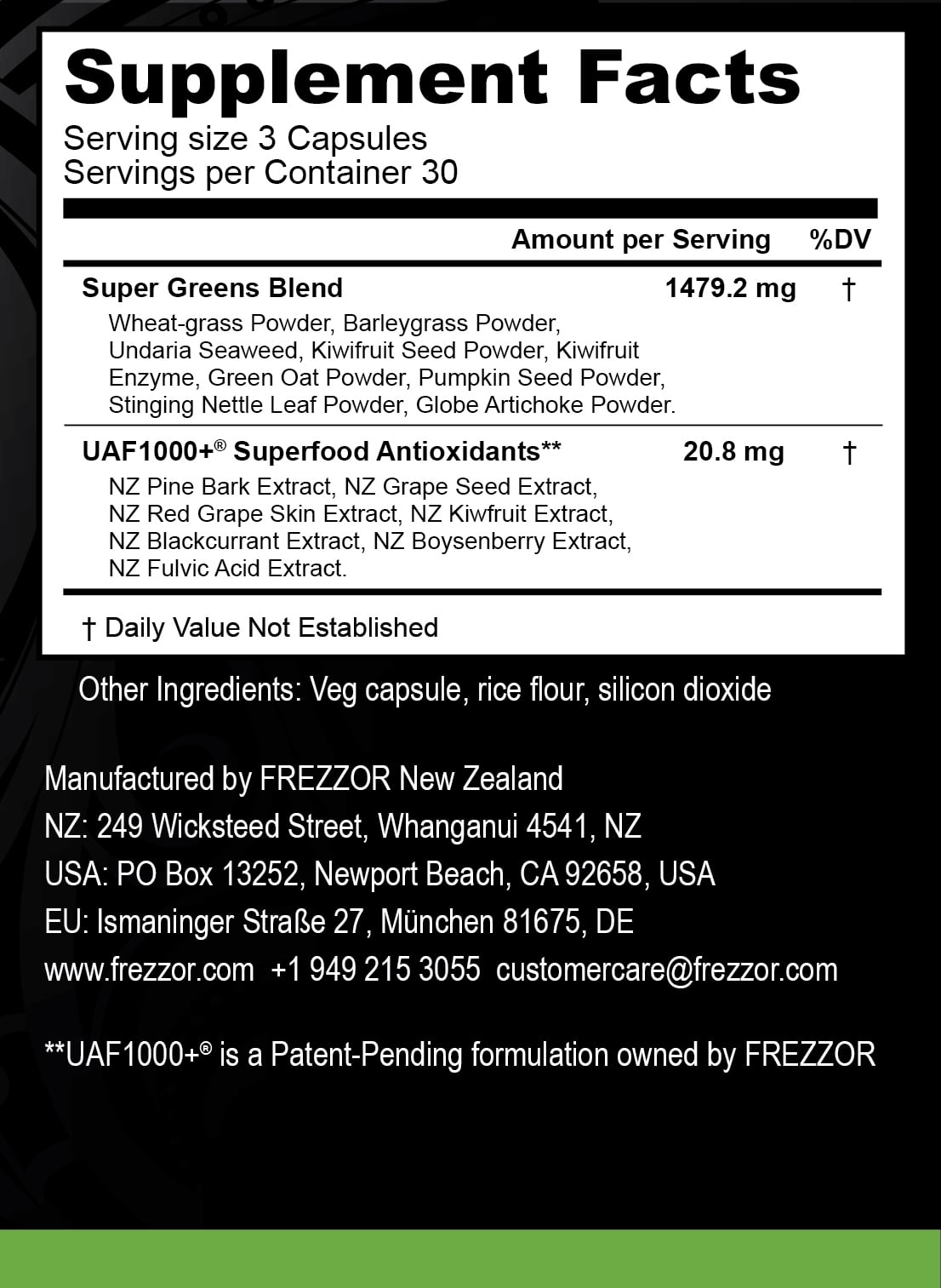 FREZZOR Super Greens Capsules with UAF1000+, Wheat Grass Supplement, Antioxidants, 270 Count, 3 Bottles