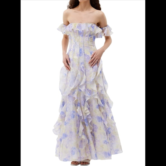 Vestidos Largos de Verano para Mujer, con Hombros Descubiertos, Florales, con Volantes, para Playa, Estilo Bohemio, para Invitada de Boda M