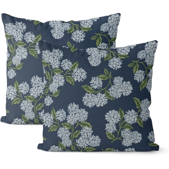 Navy Spring Pillowcases 18x18 Inch 2 Pieces Blue and Green Hydrangea Decorative Throw Pillows Vintage Floral Seasonal Summer Outdoor Decorative Pillowcases Polyester Cushion Covers for Sofa