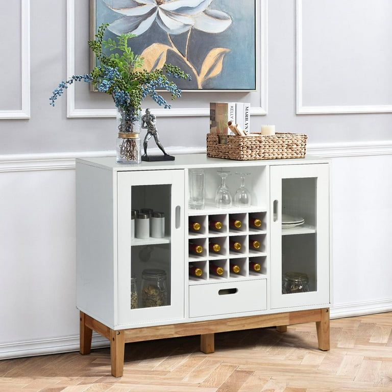 Giantex White Sideboard Buffet Storage Cabinet Wood Accent Console Table w Removable Wine Rack Glass Doors