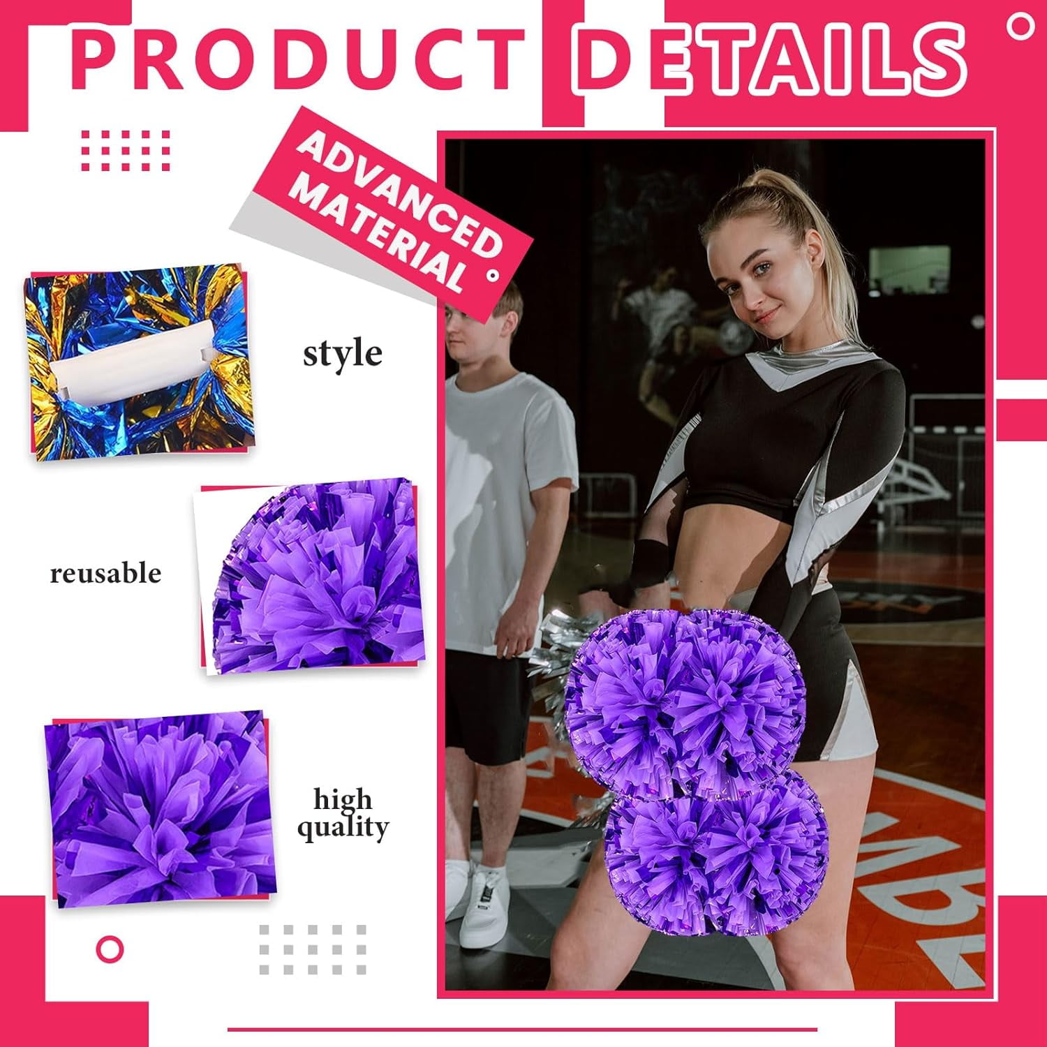 24 PCS pom poms Cheerleading,13.8inch for Sports Teams, Dance Training, and Party Celebrations with Handle