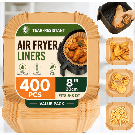 400 Pcs Air Fryer Liners Disposable, 8 Inch Square Parchment Paper for Air Fryer, Non-Stick Silicone Coated Food Grade Paper Liners, Oil & Water Proof, Fits 5-8 Qt Basket