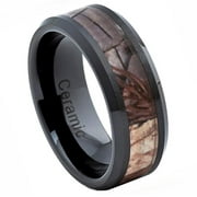 8mm Ceramic Beveled Edge with Forest Floor Foliage Camo Inlay Wedding Band Ring For Men Or Ladies