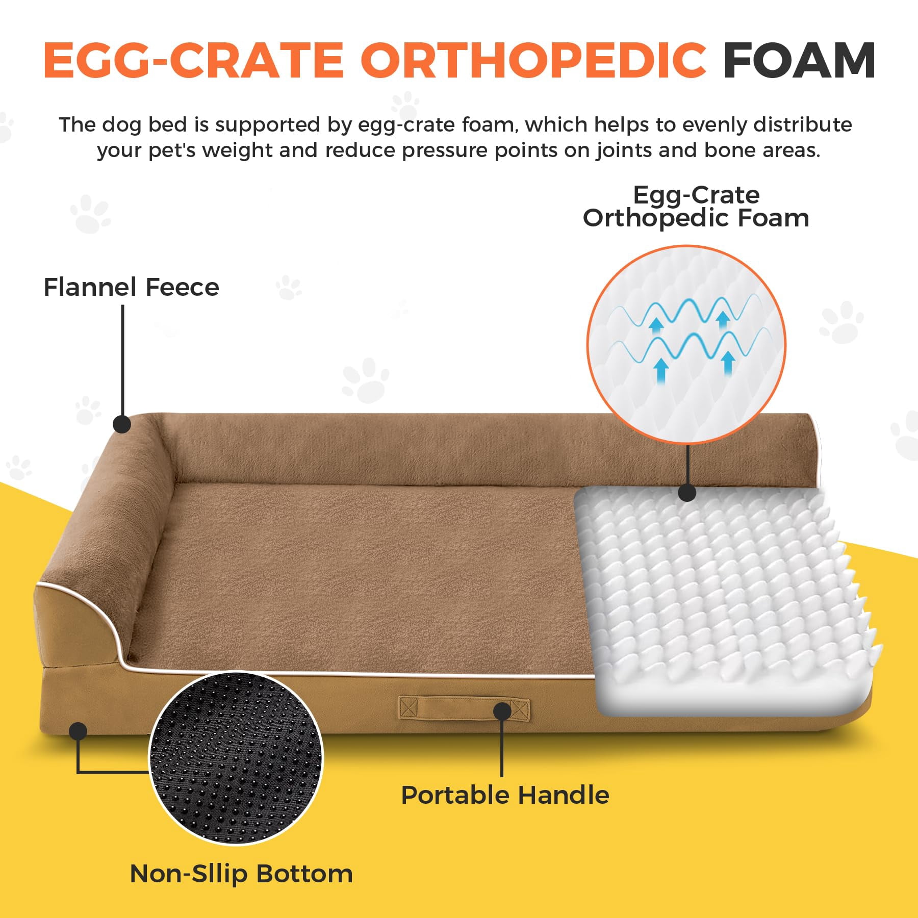 Dog Bed Large Sized Dogs  For Waterproof Pet With Washable Removable Cover L-shaped Couch Portable Handle 36"x27"x6.5" Camel