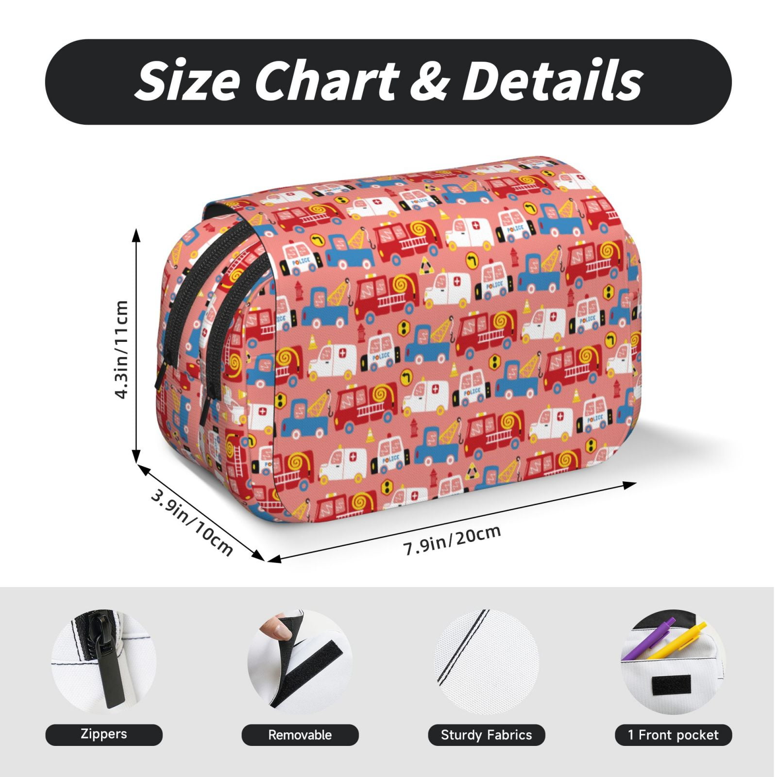 Rateoe Cartoon with Traffic Elements Pattern Double Clamshell Pen Case, Storage Organizer with Two Zipper Compartments– Holds Up to 50 Pencils & Pens