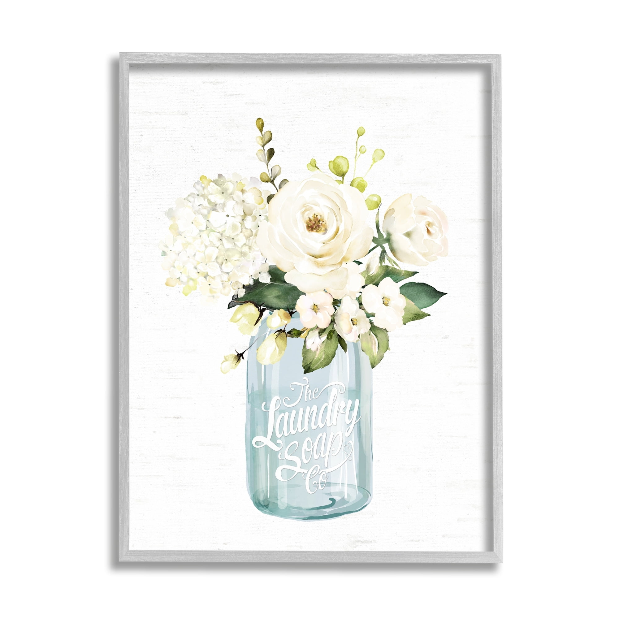 Stupell Industries White Floral Bouquet Vintage Laundry Text Jar Graphic Art Gray Framed Art Print Wall Art, Design by Lettered and Lined