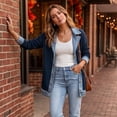 thumbnail image 6 of Womens Casual Mid Length Jacket Coat Long Sleeve Lapel Denim Spliced Ribbed Button Down L, 6 of 7