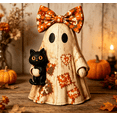 thumbnail image 6 of Vintage Distressed Ghost Desktop Ornament Patchwork Quilt Ghost Figure with Floral Print Bow and Black Cat Motif Retro Fall Halloween Decor for Table Mantel (F), 6 of 6