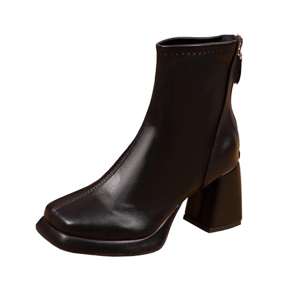 P-163 Black Ladies Casual Winter Boots Solid Square Toe Back Zipper Chunky High Heel Comfortable Fashionable Short