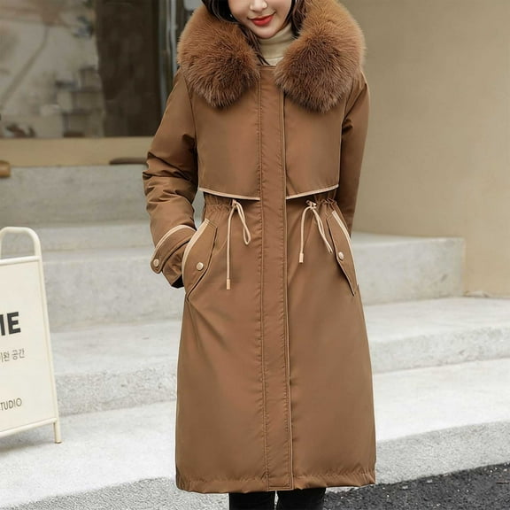 DPTALR George Women's Winter Fashion Slim Tooling Hooded Coat,Coffee,Size L