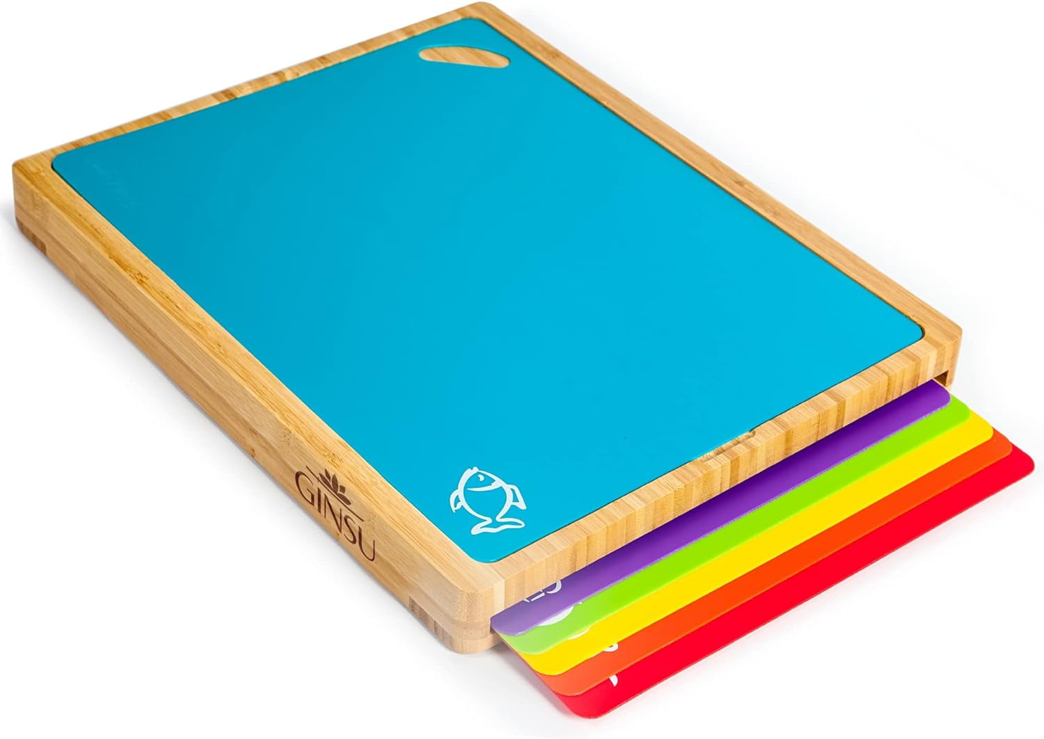 Ginsu Bamboo Wood Cutting Board Set with 6 Color-Coded Mats and Food Icons for Easy Meal Prep and Cleanup