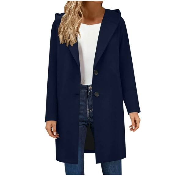 Moxiu Wool Jackets for Women Trench Coat Women Single Breasted Notch Lapel Collar Pea Coats Winter Long Jackets Navy,L