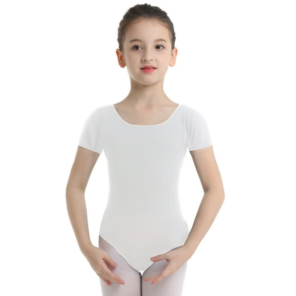 Sxiwei Kids Girls Team Basic Leotard for Ballet Dance Gymnastics Shorts Sleeves Cotton Leotard White 6