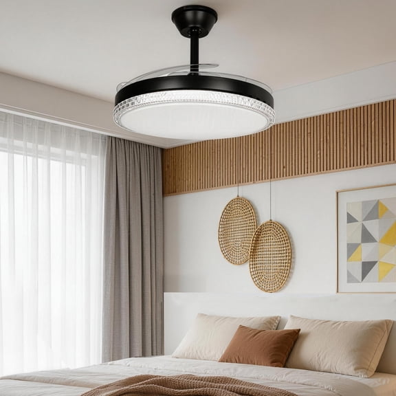 RJFKSNC 42" Retractable Ceiling Fan with Light,Acrylic chandelier, Dimmable LED 3000K-6500K, 6 Speeds, Reversible Motor, Remote & APP Control, for Living Room Bedroom Dining Room