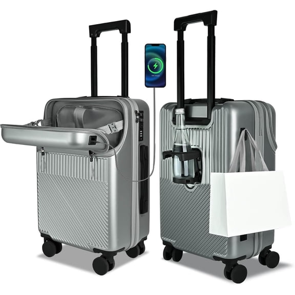 Carry on Luggage Airline Approved, 20 inch Hardshell PC Carry on Suitcases with Wheels, Carry-on Luggage for The Business Trip with Front Pocket, Combination Lock, Cup Holder and USB Port