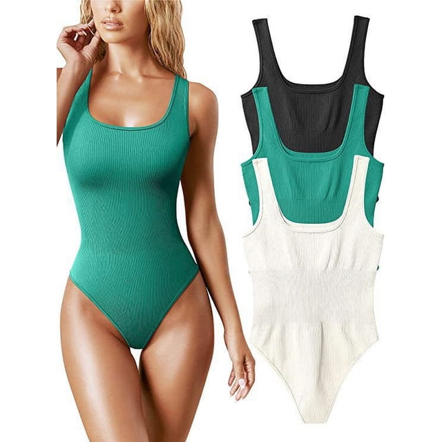 Women Summer Bodysuit Tops Square Neck Long Sleeve Ribbed Stretchy Jumpsuit Leotard Playsuits