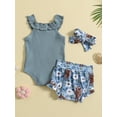thumbnail image 3 of Cenuakty Baby Girls 3PCS Romper Sets Solid Color Ribbed Romper and Floral Cattle Head Print Shorts Sets Summer Outfit with Headband, 3 of 9