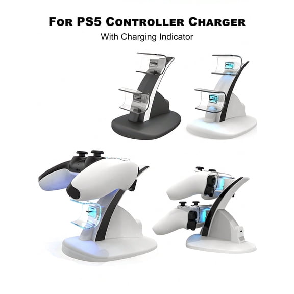 1pc PS5 DualSense Controller Charging Dock - Dual Type-C Ports Fast Charging Stand with LED Indicator & Protection Chip Black