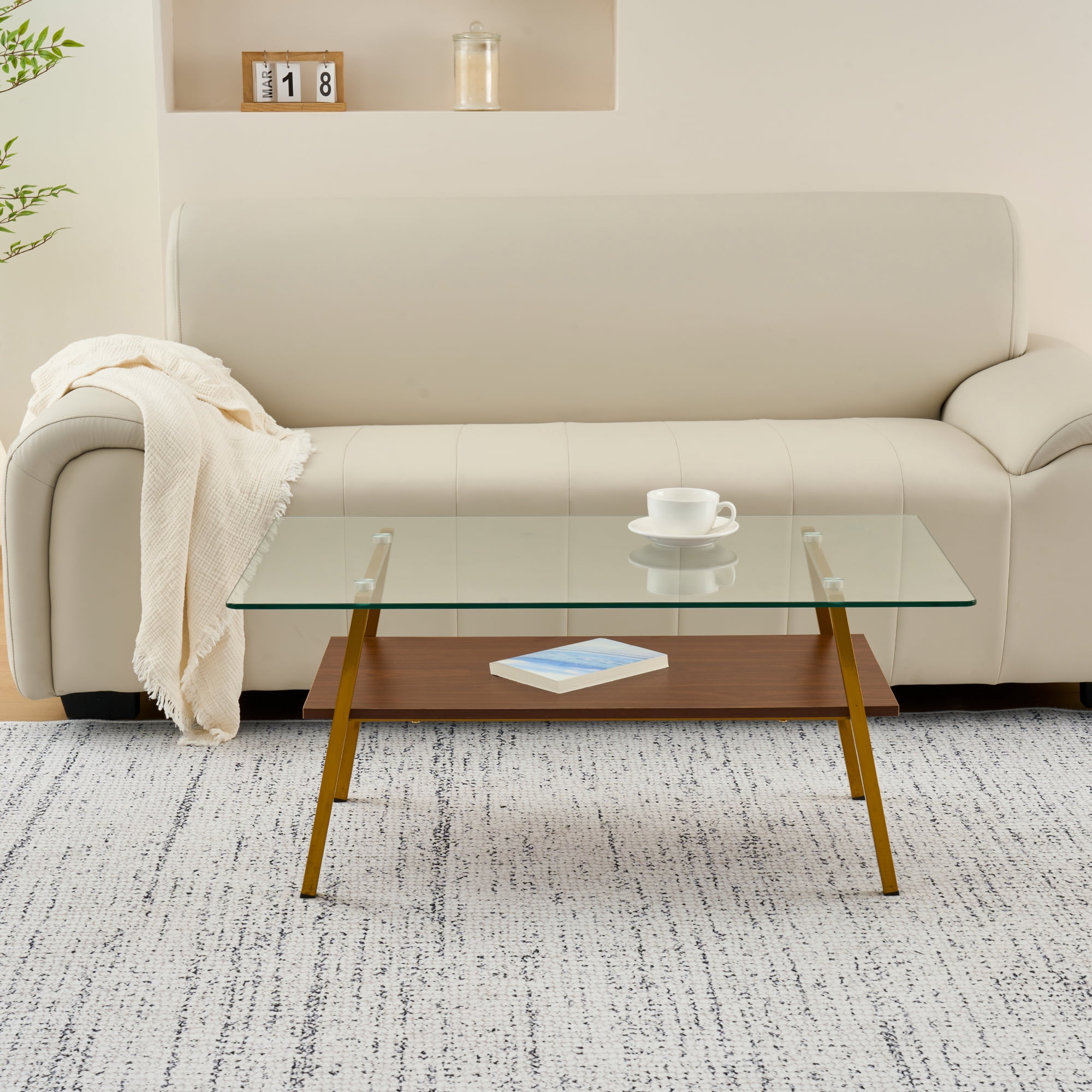 Euroco Rectangle Coffee Table, Tempered Glass Tabletop with Gold Metal Legs, Modern Table for Living Room , Transparent Glass