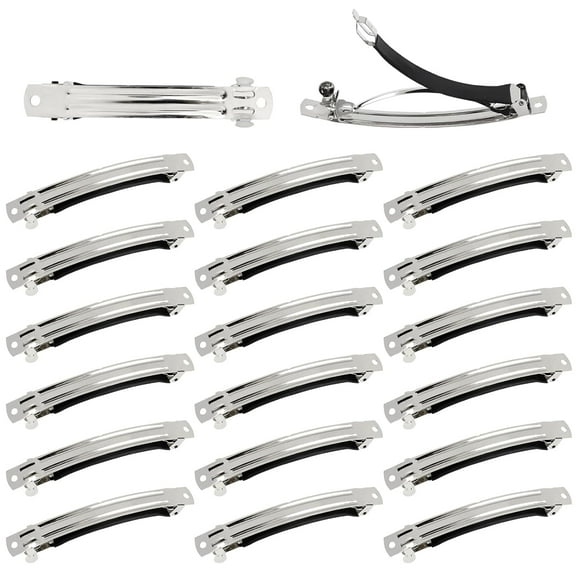 20 Pack 10cm/4" Simple Plain Blank DIY Caft Silver Metal French Hair Barrettes with Black Leather Cover Snap Hair Clips Clasps for Women Girls Teens Hair Accessories (4 Inch)